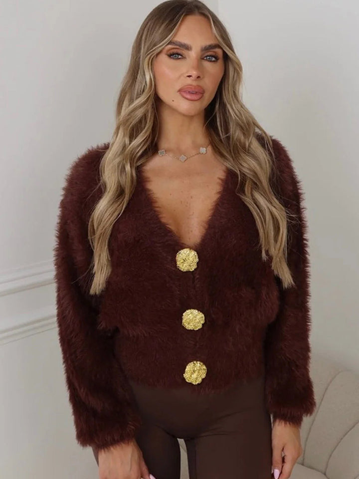 Women's Fluffy Short Jacket with V-Neck and Metallic Decorative Buttons Mune Fashion