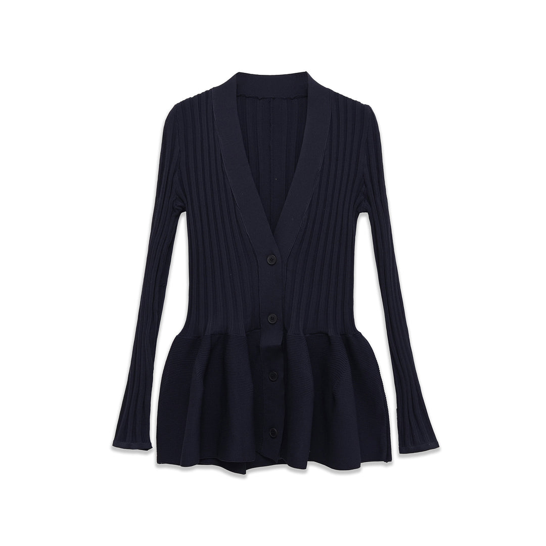 Women's ribbed knit cardigan with shawl collar, fitted flounce hem and button placket Mune Fashion