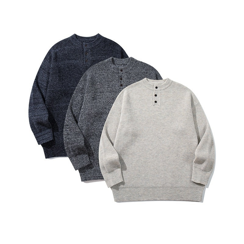 Unisex Oversize Chunky Knit Henley Sweater with Melange Structure and Ribbed Finishes Mune Fashion