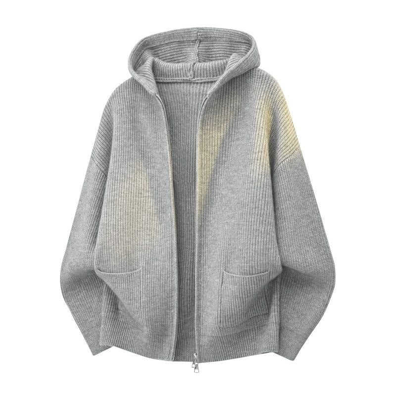 Women's Cozy Oversized Ribbed Knit Hooded Jacket with Two-Way Zipper & Patch Pockets Mune Fashion