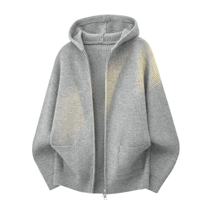 Women's Cozy Oversized Ribbed Knit Hooded Jacket with Two-Way Zipper & Patch Pockets Mune Fashion