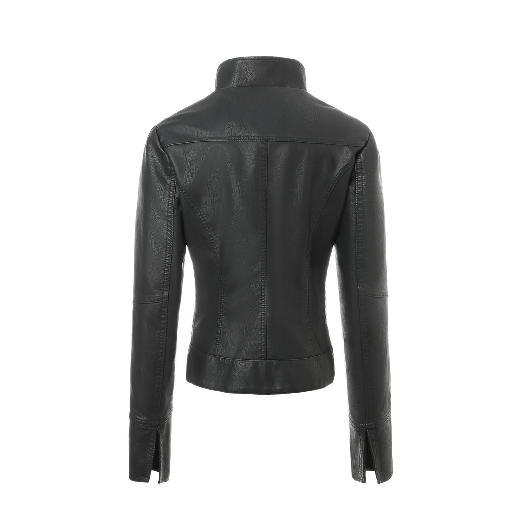Women's Fashion Faux Leather Jacket with High Collar Mune Fashion