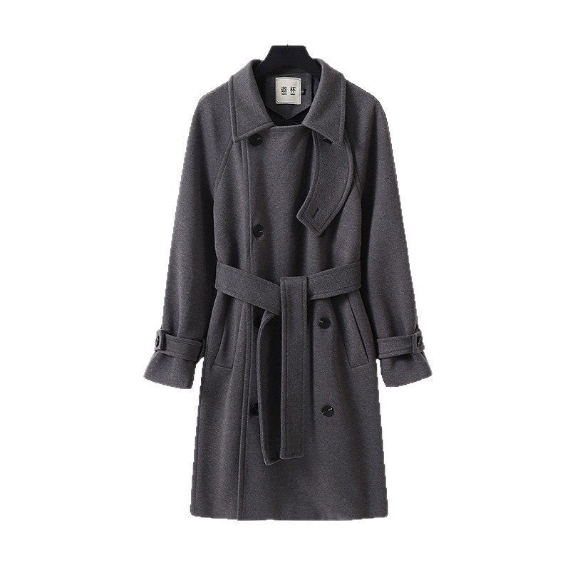 Men's Dramatically Cut Double Breasted Wool Blend Long Coat with Collar Tabs and Tie Belt Mune Fashion