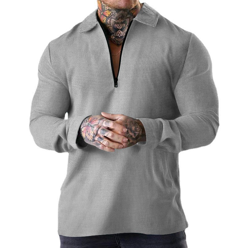 Men's narrow half-zip polo with waffle texture open Kent collar and clean minimal design Mune Fashion