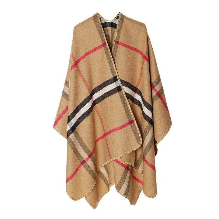 Women's Checked Wool Blend Poncho in Oversized Cape Cut with Decorative Stitch Edge Mune Fashion