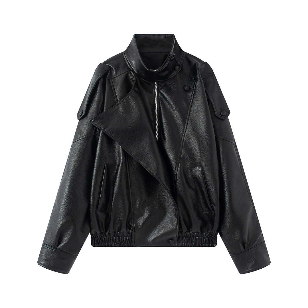 Women's nano asymmetric oversized faux leather jacket with stand-up collar, shoulder epaulettes and drawstring hem Mune Fashion