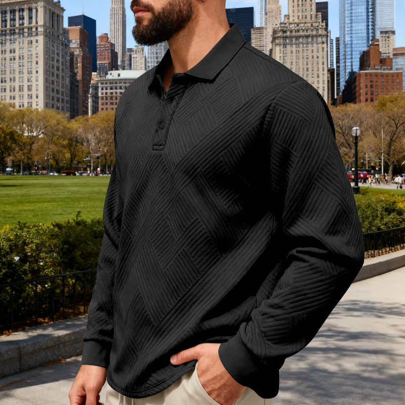 Men's textured long sleeve polo with embossed waffle texture and half-button placket Mune Fashion