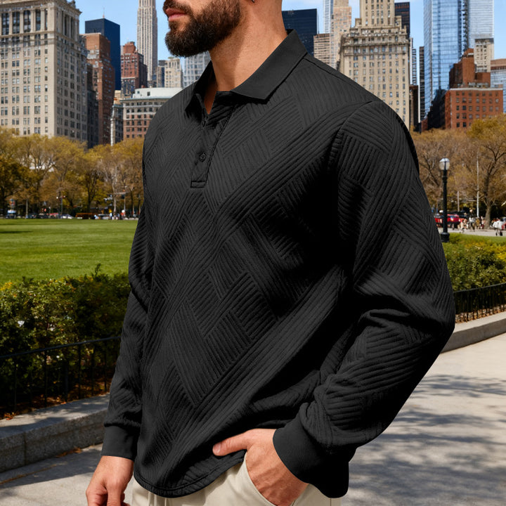 Men's textured long sleeve polo with embossed waffle texture and half-button placket Mune Fashion