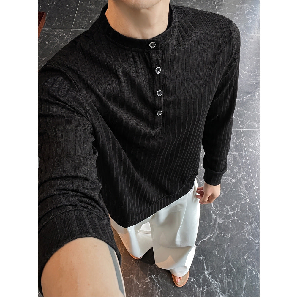 Men's fine structure Henley with stand-up collar and decorative button placket Mune Fashion