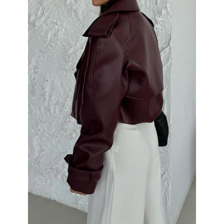 Ladies Cropped Biker Jacket made of faux leather with oversized lapels, adjustable cuffs, and epaulettes Mune Fashion