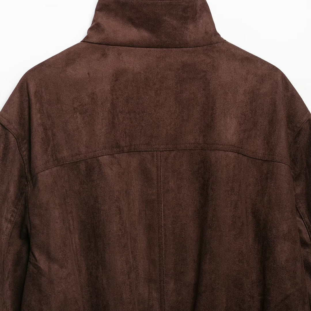 Women's suede look bomber jacket with funnel neck and elastic hem