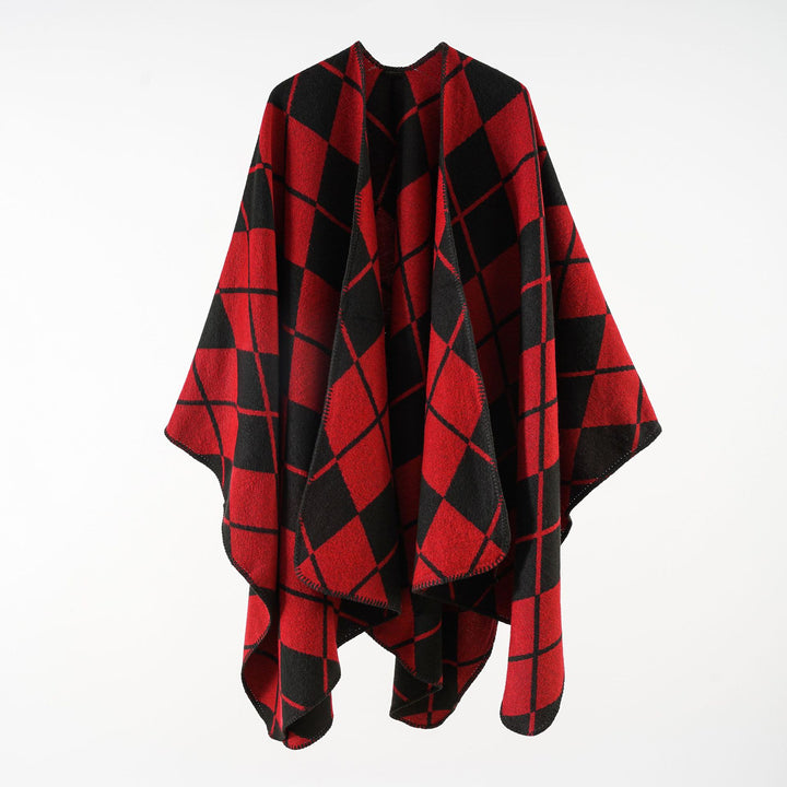 Women's Oversized Cape in Plaid Blanket Style made of Wool Blend with Open Fall Mune Fashion