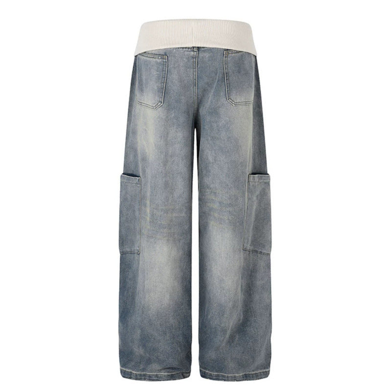 Women's Wide Denim Palazzo Cargo Pants with Comfort Ribbed Waistband and Patch Pockets Mune Fashion