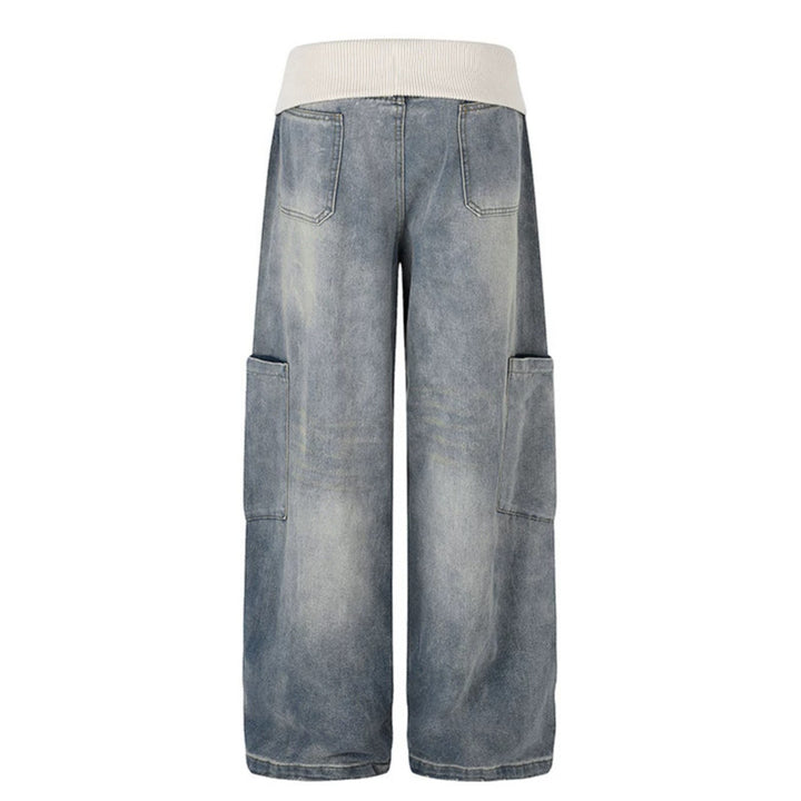 Women's Wide Denim Palazzo Cargo Pants with Comfort Ribbed Waistband and Patch Pockets Mune Fashion