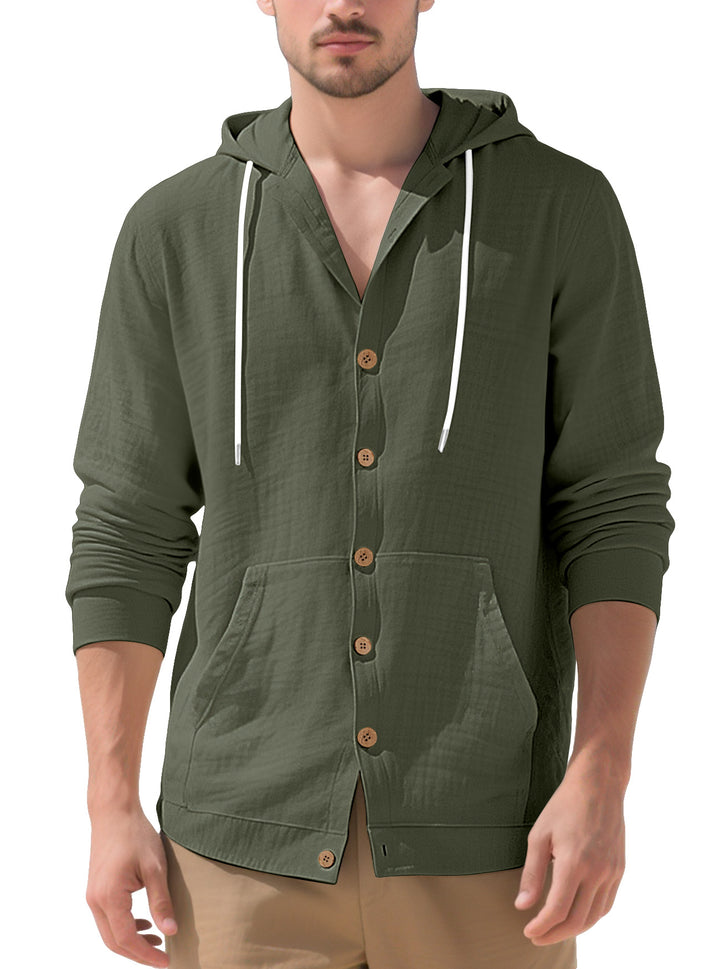 Men's lightweight hooded overshirt in crinkle look with wooden button placket and kangaroo pocket Mune Fashion