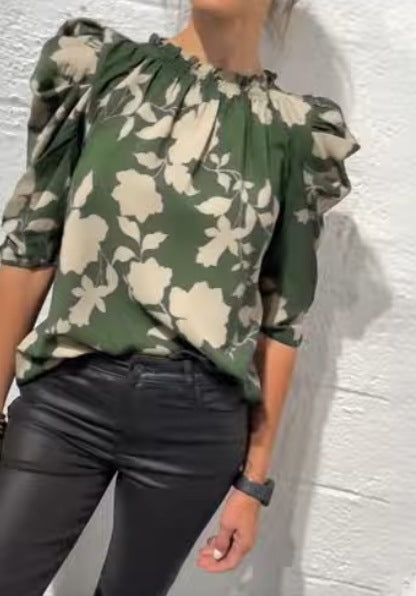 Women's wide-cut slip blouse with smocked ruffle collar and elbow-length puff sleeves Mune Fashion