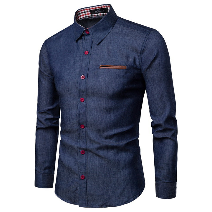 Men's Slim-Fit Denim Shirt with Chest Pocket and Checked Collar Lining Mune Fashion