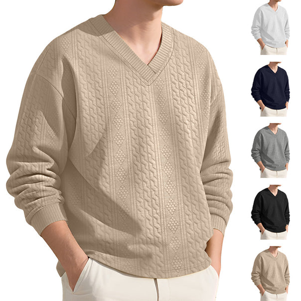 Men's structured V-neck knitted sweater with cable and honeycomb pattern Mune Fashion