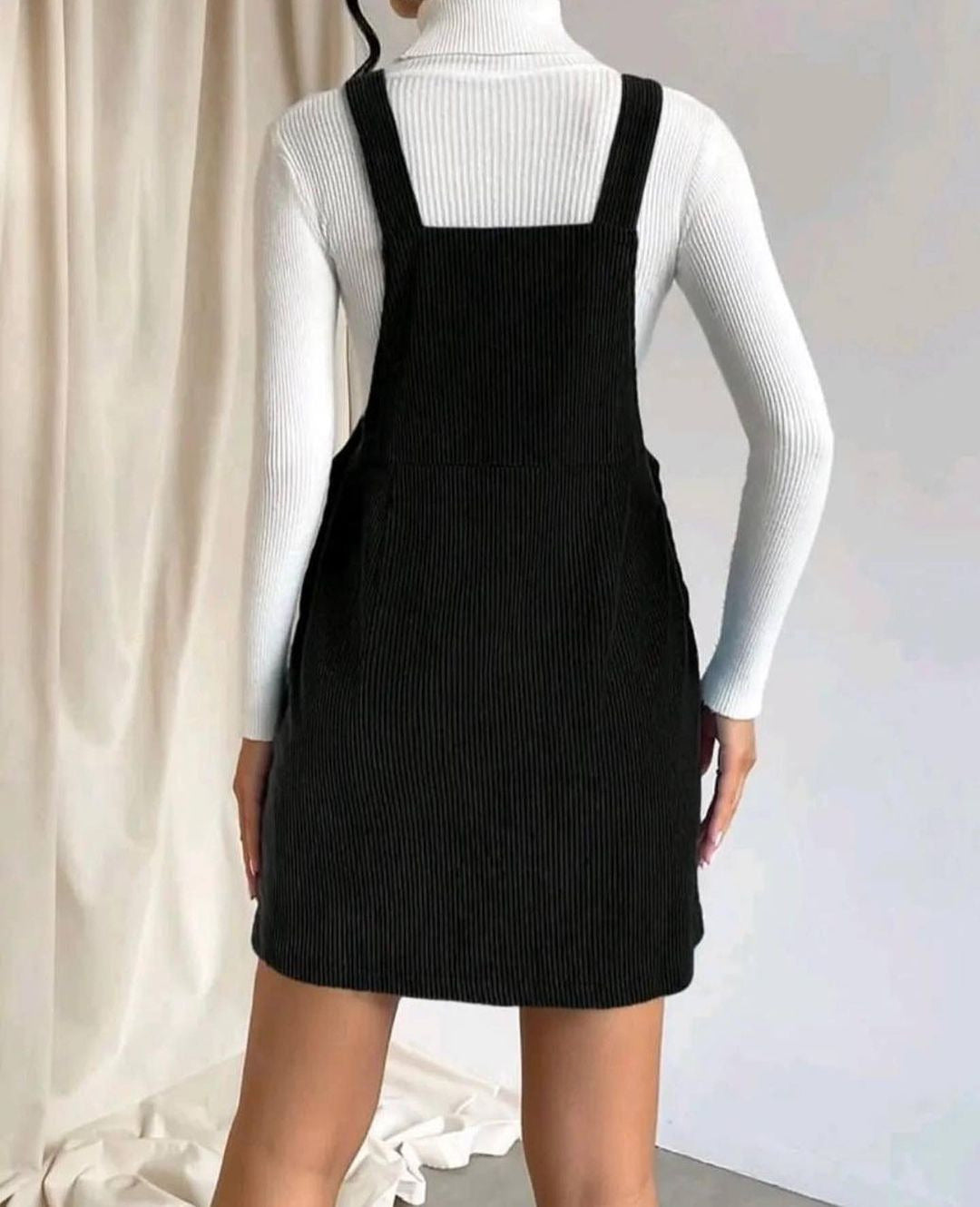Women's Corduroy Pinafore Dress with Adjustable Straps, Side Snap Placket and Fine Rib Effect Mune Fashion