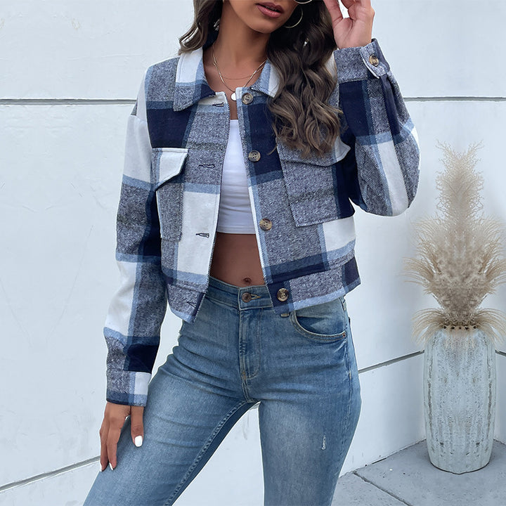 Women Short Cropped Checkered Transition Jacket with Patch Chest Pockets Mune Fashion