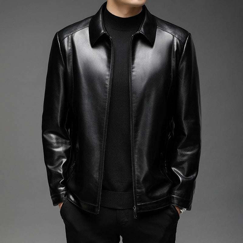 Men's Smooth Faux Leather Zip Jacket in Shirt Collar Style with Minimalist Seam Design Mune Fashion