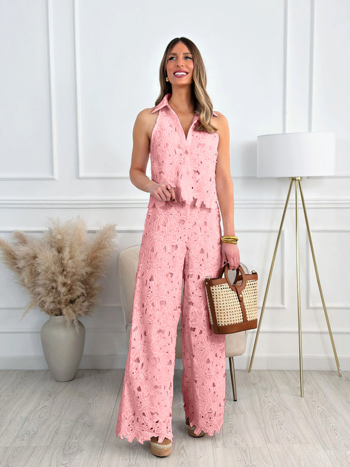 Women floral lace two-piece with shirt collar and wide palazzo pants Mune Fashion