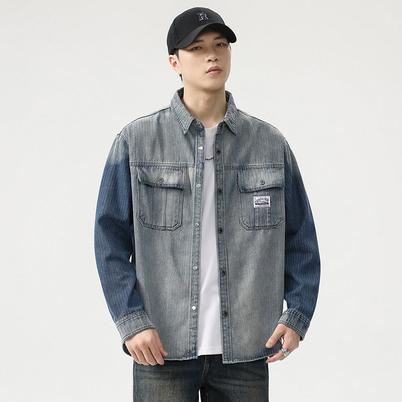 Men's overshirt made of denim with contrast sleeves and light used wash Mune Fashion