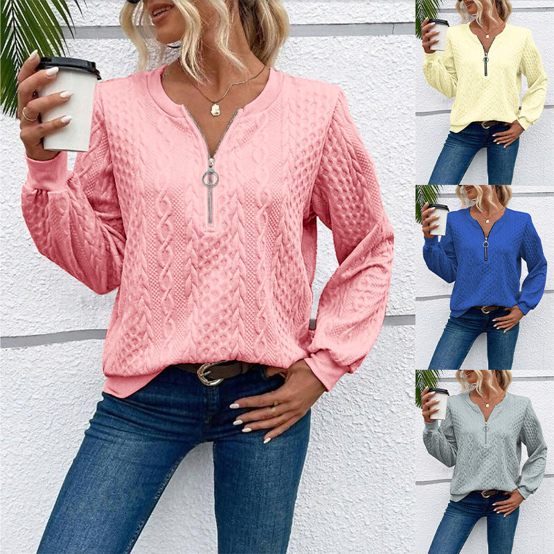 Women's coarsely structured knitted pullover with cable knit pattern, half zip and balloon sleeves Mune Fashion