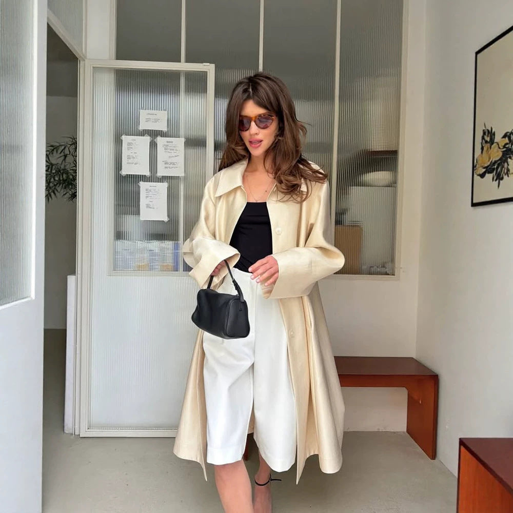 Women Lightweight Satin-Effect Long Coat with Boxy Oversize Silhouette Mune Fashion