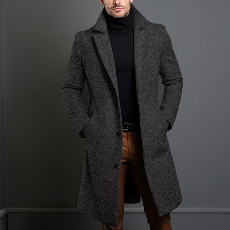 Men's Elegant Single-Breasted Long Coat Made of Wool Blend with Slim Silhouette and Lapel Collar Mune Fashion