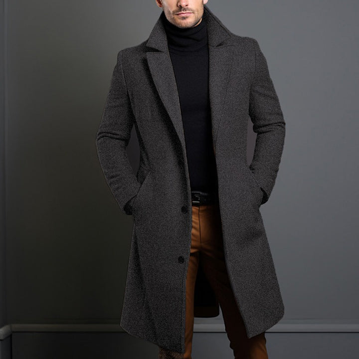 Men's Elegant Single-Breasted Long Coat Made of Wool Blend with Slim Silhouette and Lapel Collar Mune Fashion