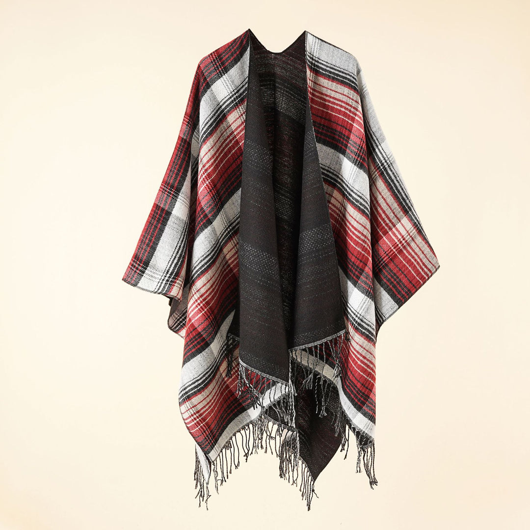 Ladies Kastiger Plaid-Ruana made of lightweight wool blend with decorative fringed hem Mune Fashion