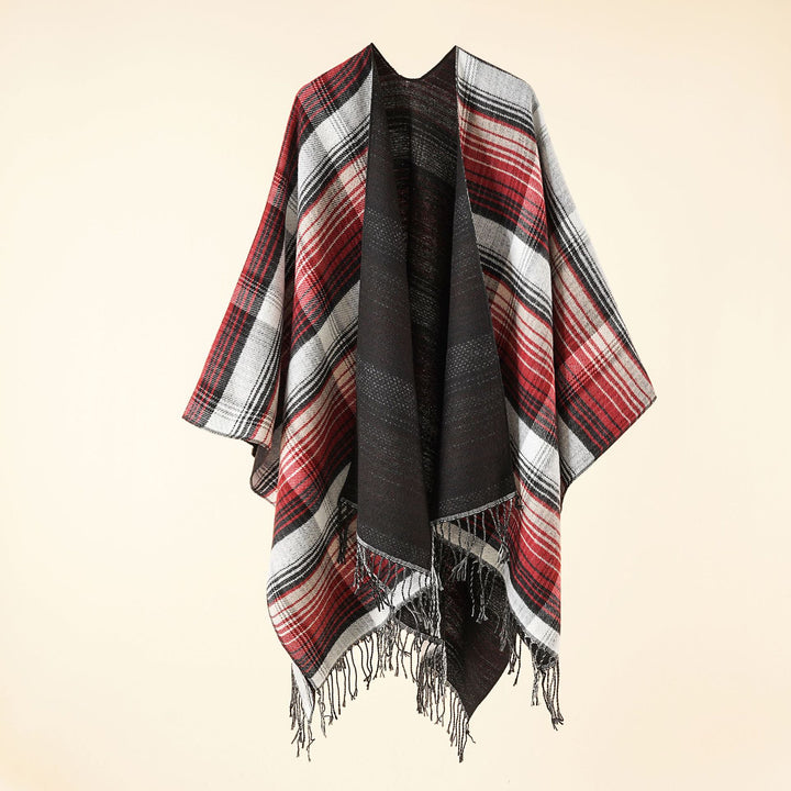 Ladies Kastiger Plaid-Ruana made of lightweight wool blend with decorative fringed hem Mune Fashion