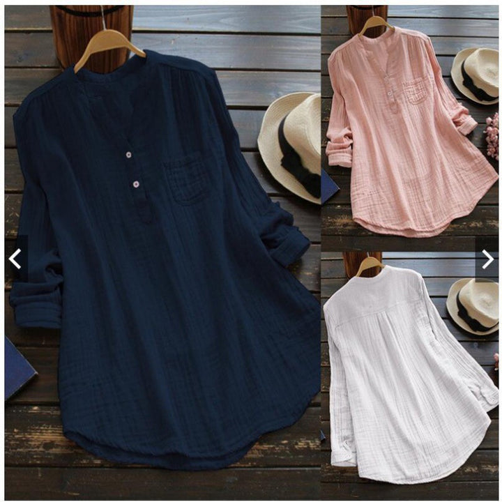Women's loosely falling cotton tunic with stand-up collar and chest pocket Mune Fashion