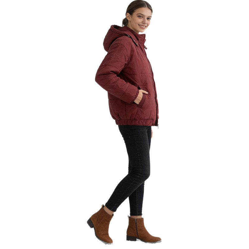 Women's Padded Quilted Jacket with Volume Hood, Elastic Hem and Adjustable Waist Mune Fashion