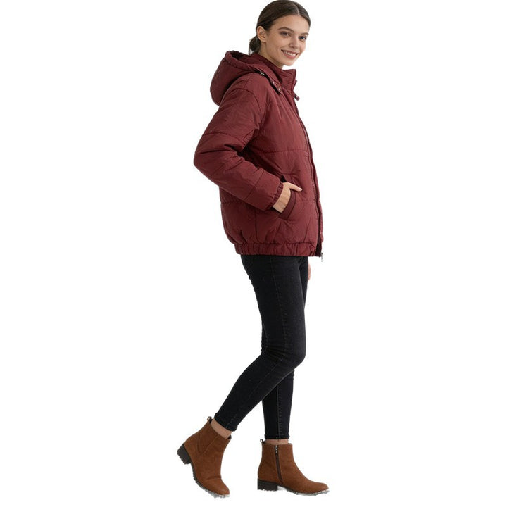 Women's Padded Quilted Jacket with Volume Hood, Elastic Hem and Adjustable Waist Mune Fashion