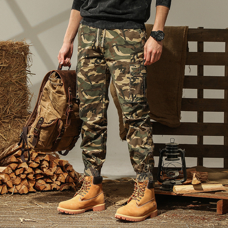 Men's camouflage utility style cargo pants with elastic hem and multiple pockets Mune Fashion