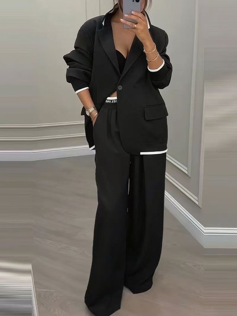 Women Oversize Tailoring Set with contrast piping, single-button blazer and high-cut wide-leg pants Mune Fashion