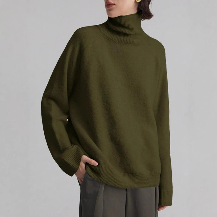 Women's Oversize Turtleneck Fine Knit Sweater with Raglan Sleeves and Side Slits Mune Fashion