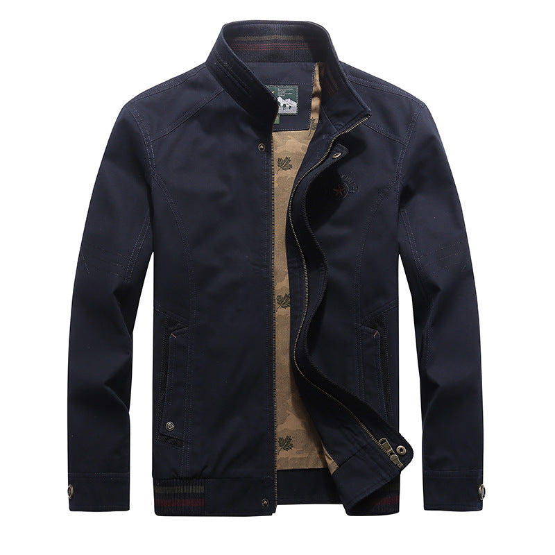 Men's canvas blouson with stand-up collar, camouflage lining and striped ribbed hem Mune Fashion