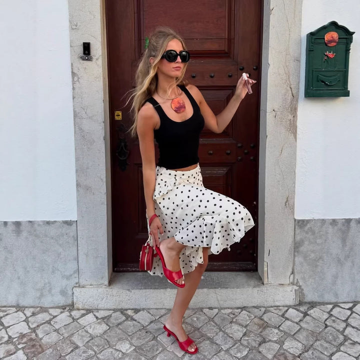 Women’s Chiffon Wrap Midi Skirt with Ruffles and Polka Dot Design Mune Fashion