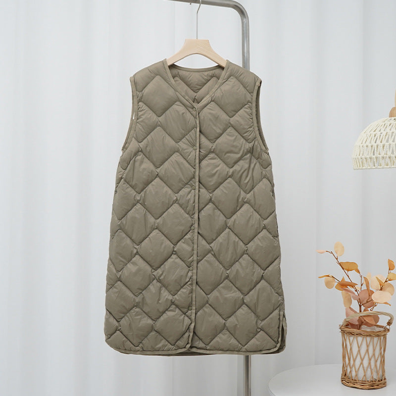 Women's Long Quilted Vest with V-Neck and Diamond Quilting Mune Fashion