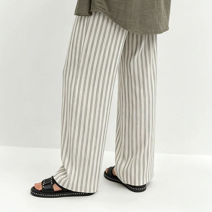 Women's Striped Loose Linen Look Palazzo Pants with Elastic Waistband and Drawstring Mune Fashion