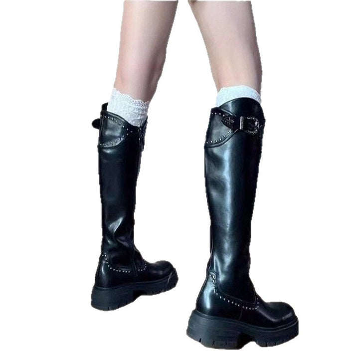 Women knee-high chunky platform biker boots with studs and buckle straps Mune Fashion