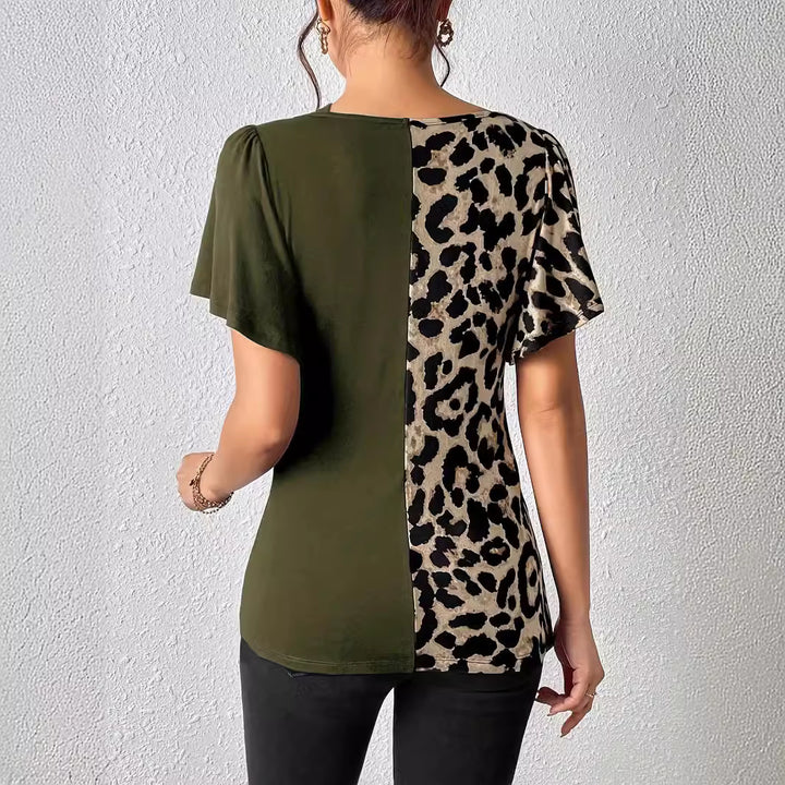 Women's asymmetrical stretch tunic with leopard print side insert and multiple straps Mune Fashion