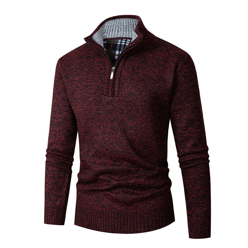 Men's chunky knitted half-zip pullover with stand-up collar and checked collar interior Mune Fashion