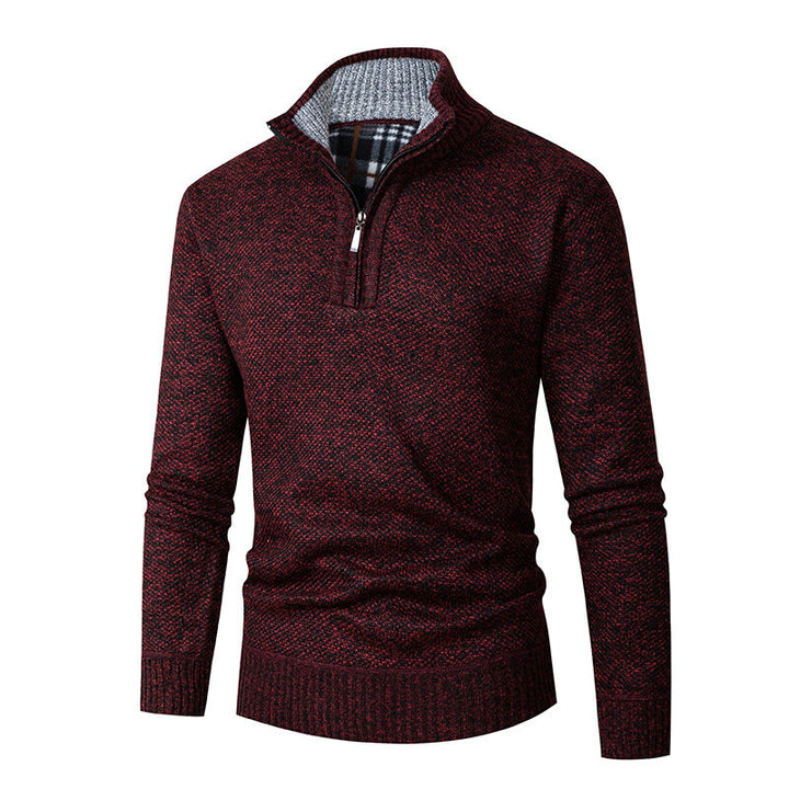 Men's chunky knitted half-zip pullover with stand-up collar and checked collar interior Mune Fashion