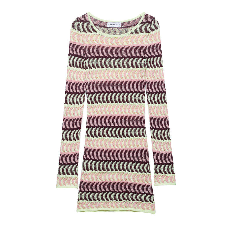 Women's knitted fine-knit mini dress with transparent wave structure pattern and round neckline Mune Fashion