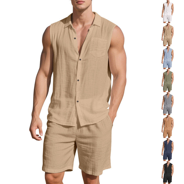 Men's sleeveless shirt and shorts set made of cotton-linen with kent collar and elastic drawstring waistband Mune Fashion