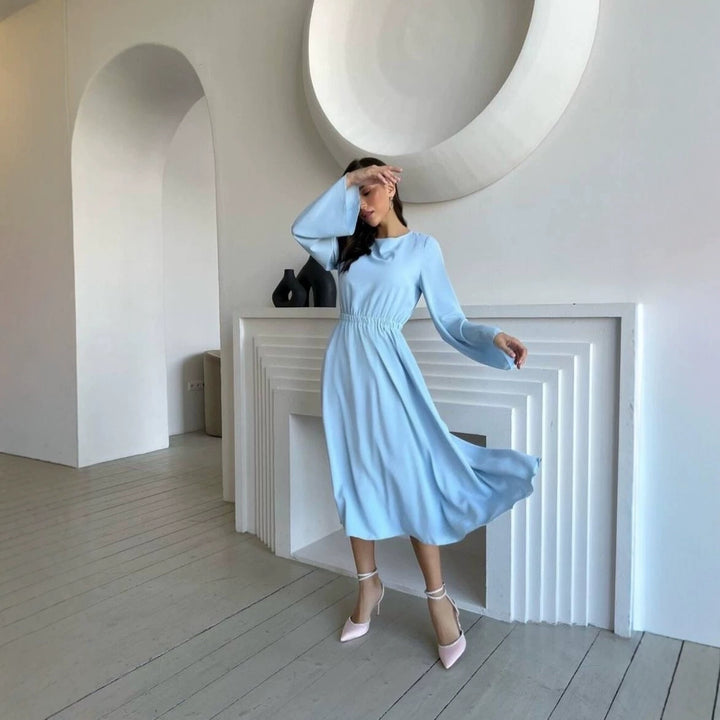 Women Flowing Midi Dress with Boat Neck Elastic Waist yoke and Flared Cuff Sleeves Mune Fashion